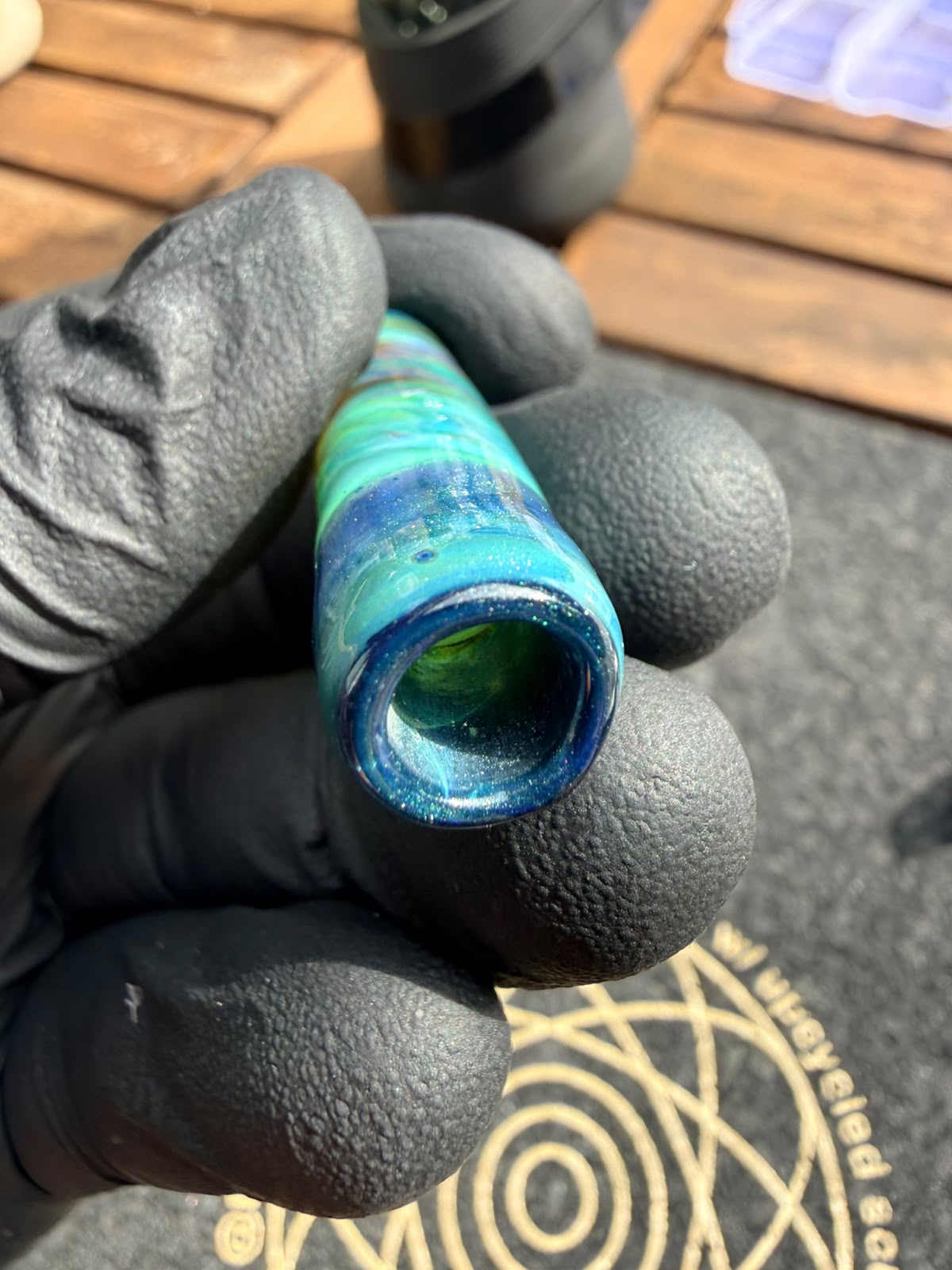 Meccas Glass Single-Hole Filtertip – Türkis / Blau / Grün mit Glitzer