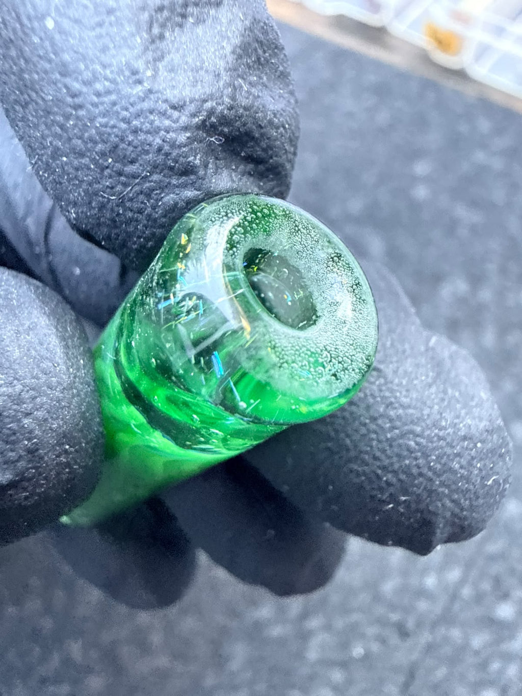 Mecca's Glass Artist Tip – Green Ribbon / Clear / Rainbow Dust – B-Grade – 11.8 mm