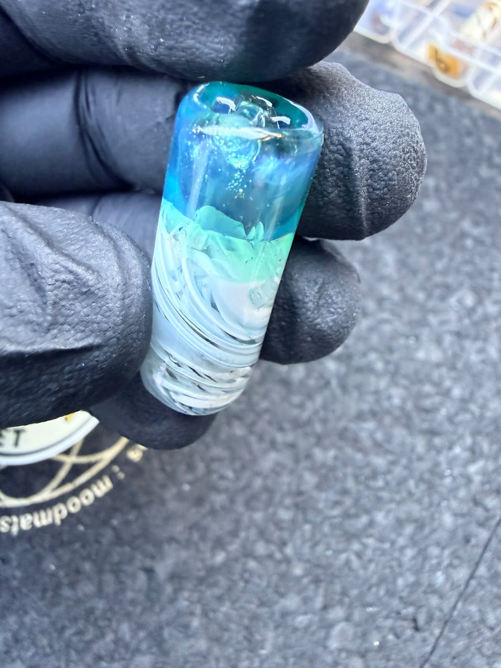 Embout d'artiste en verre Meccas – Marbré Aqua / Turquoise / Blanc - 11,7 mm