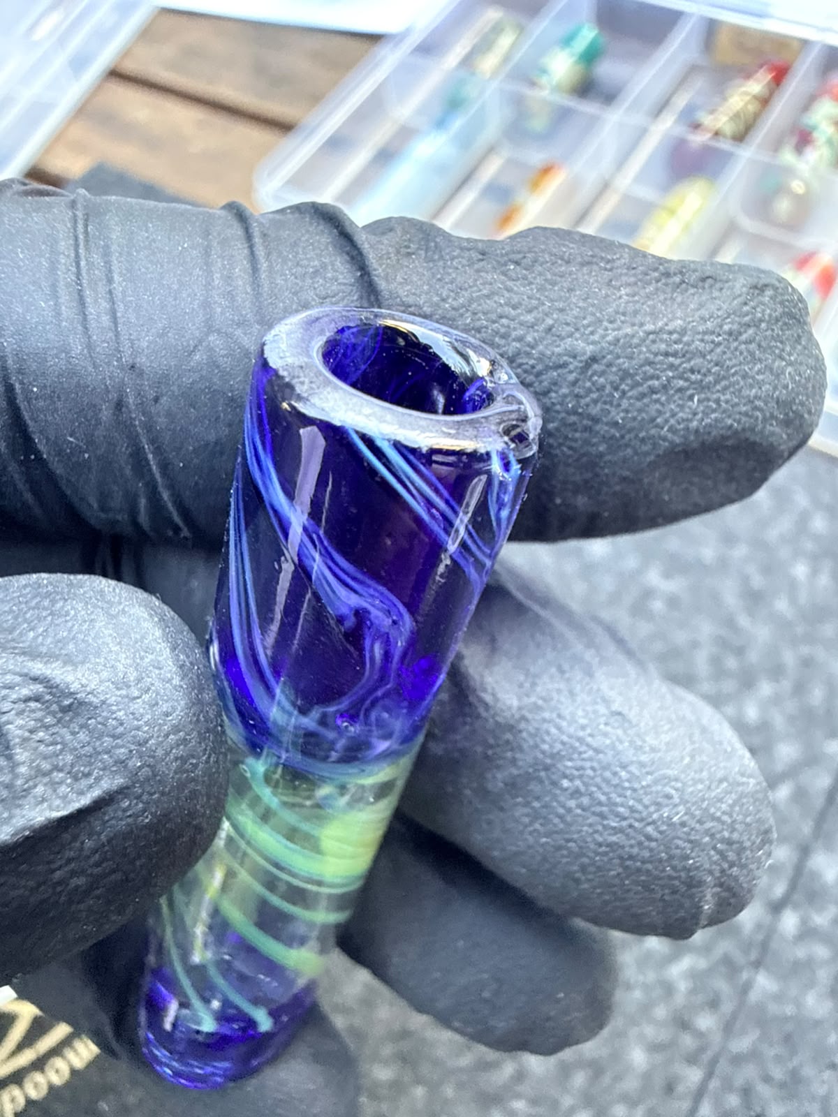 Punta para artista de vidrio Meccas – Adorno azul / transparente / celeste – Grado B – 13,5 mm