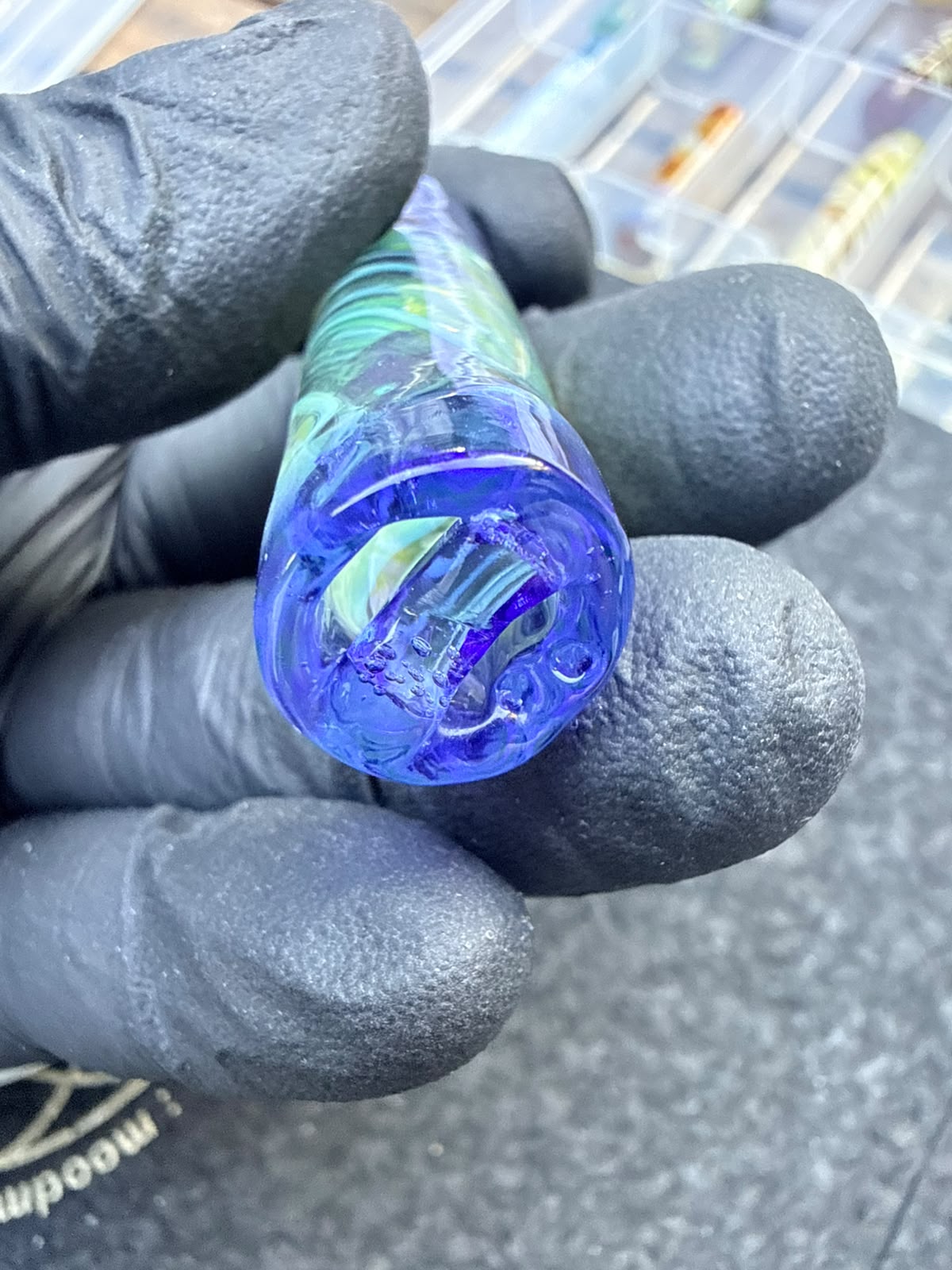 Punta para artista de vidrio Meccas – Adorno azul / transparente / celeste – Grado B – 13,5 mm